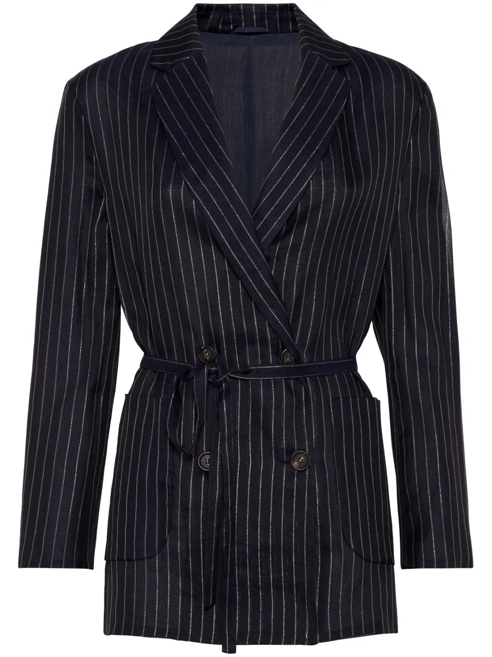 Pinstripe-Pattern Belted Blazer