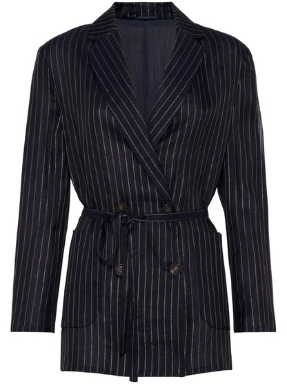 Pinstripe-Pattern Belted Blazer