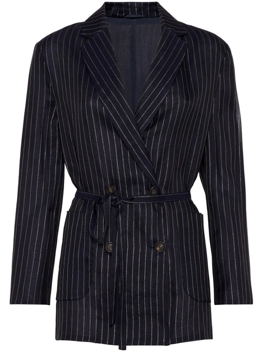 Pinstripe-Pattern Belted Blazer