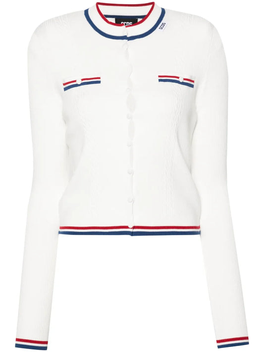 Striped-Trim Ribbed Cardigan