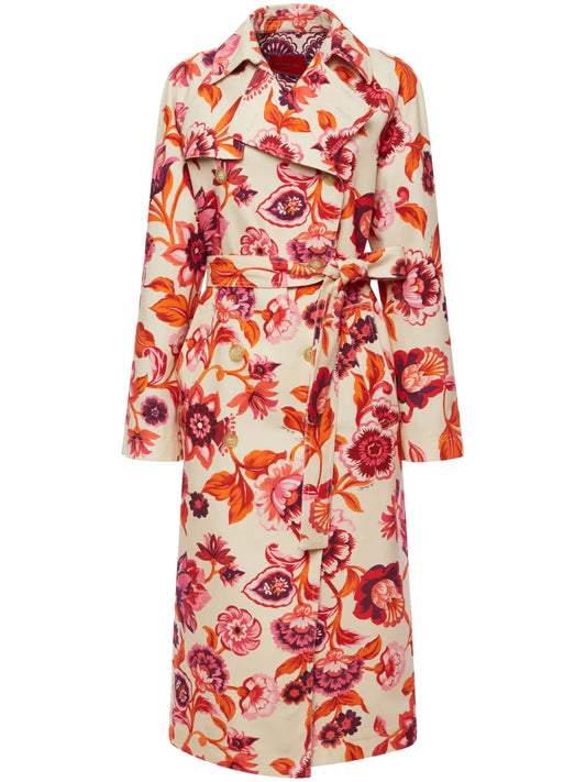 Floral-Print Cotton Trench Coat