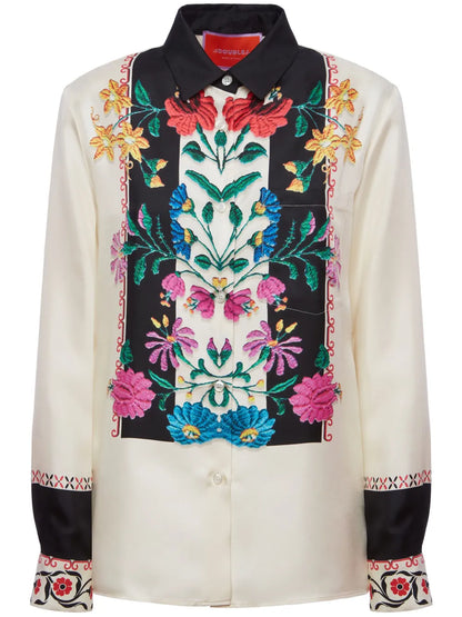 Boy Floral-Embroidered Silk Shirt
