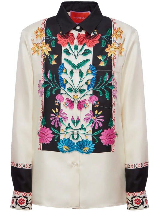 Boy Floral-Embroidered Silk Shirt