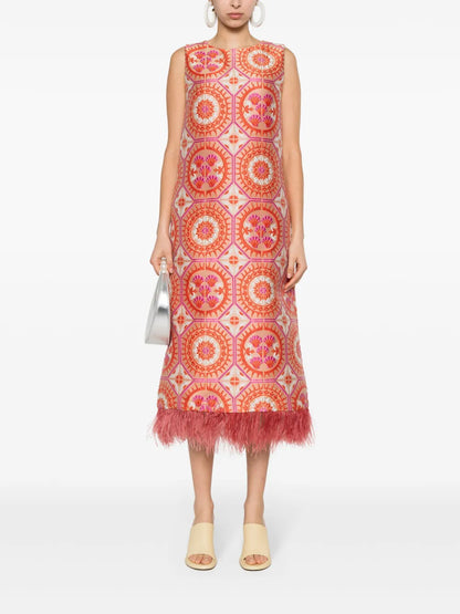 Column Feathered Midi Dress