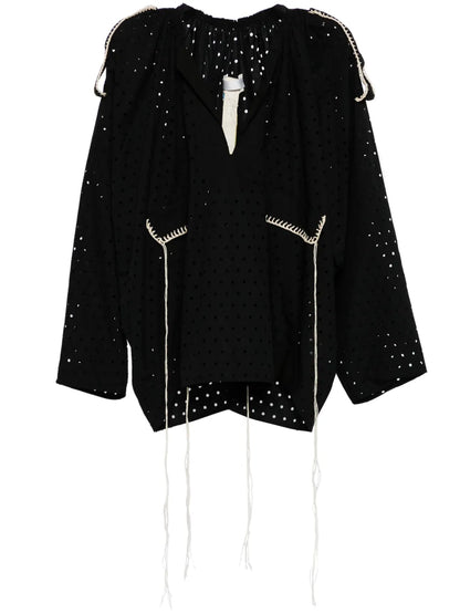 Perforated Thread-Detail Cotton Blouse