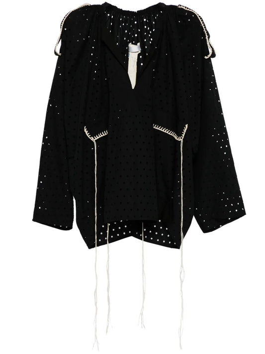 Perforated Thread-Detail Cotton Blouse