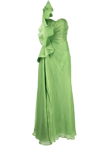 Leaf One-Shoulder Pleated Gown