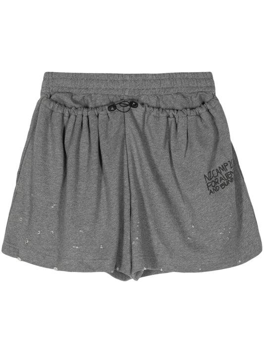 Slogan-Print Distressed Track Shorts