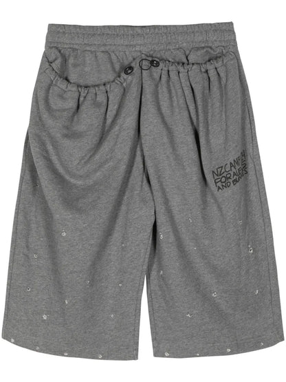 Slogan-Print Distressed Cotton Track Shorts