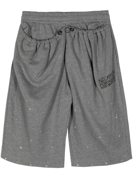 Slogan-Print Distressed Cotton Track Shorts