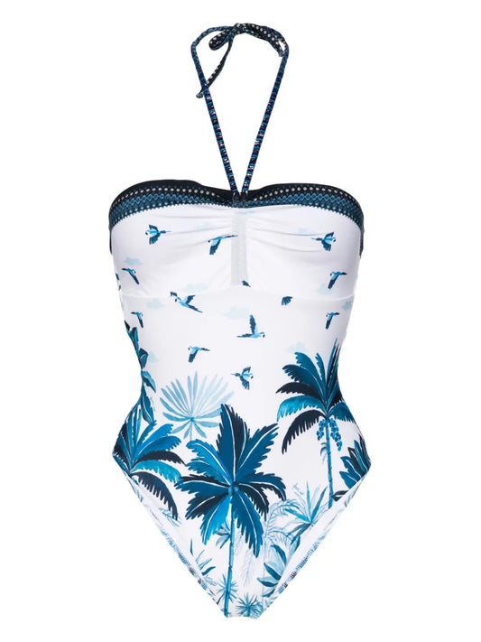 Tropical-Print Halterneck Swimsuit