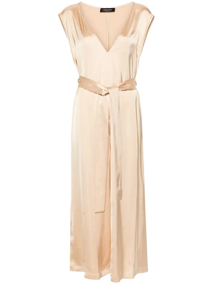 V-Neck Satin-Finish Belted Dress