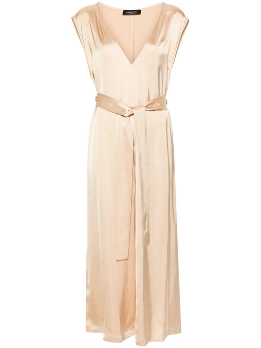 V-Neck Satin-Finish Belted Dress