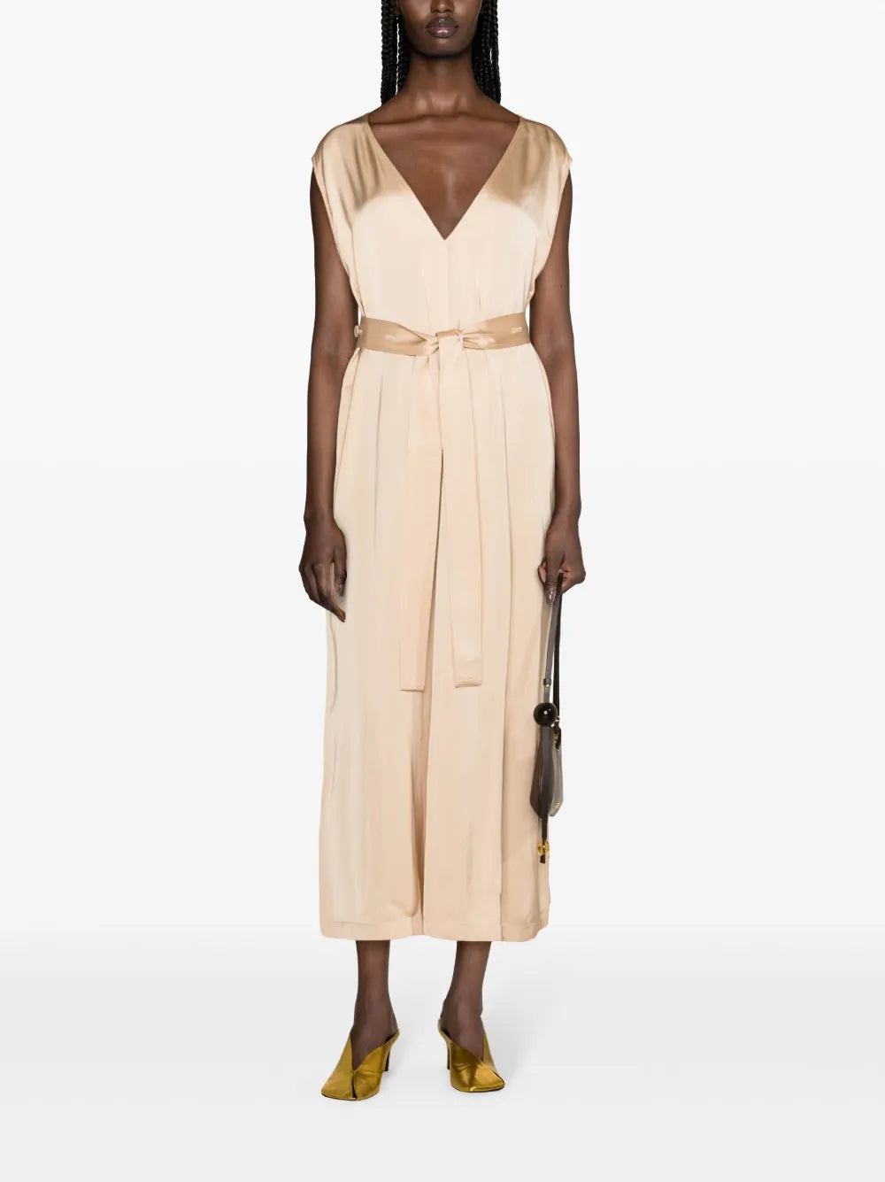 V-Neck Satin-Finish Belted Dress