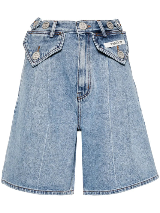Button-Embellished Denim Shorts