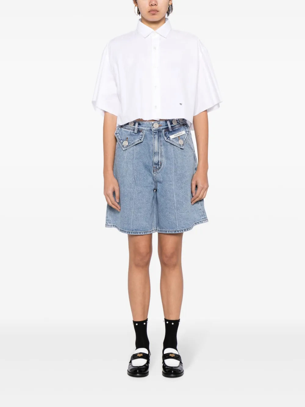 Button-Embellished Denim Shorts