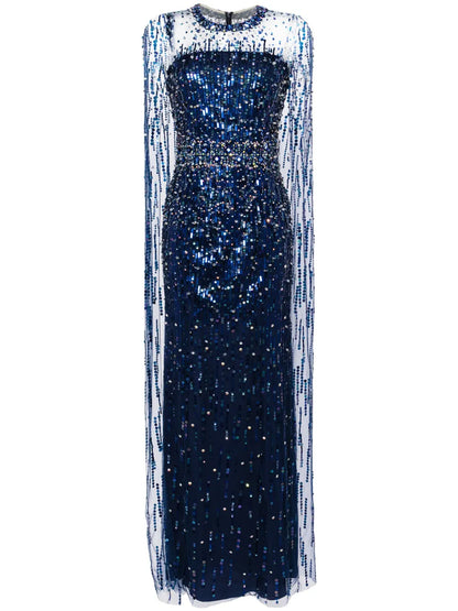 Lux Crystal-Embellished Cape Gown