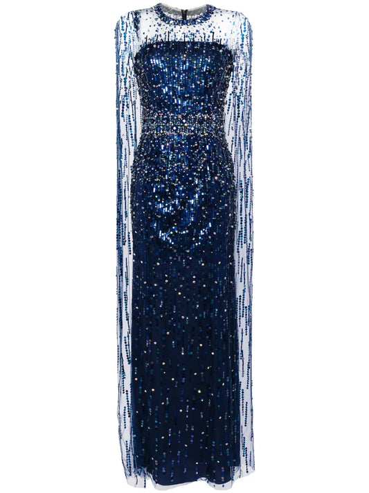 Lux Crystal-Embellished Cape Gown