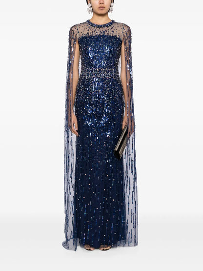 Lux Crystal-Embellished Cape Gown