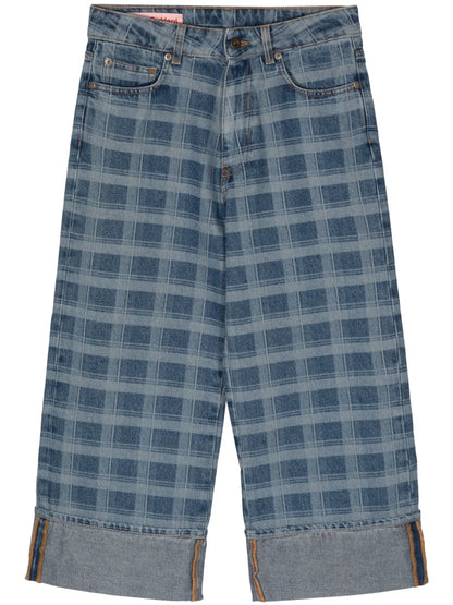 Check-Print Wide-Leg Jeans