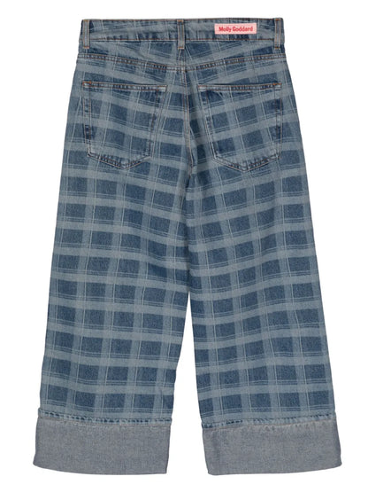 Check-Print Wide-Leg Jeans