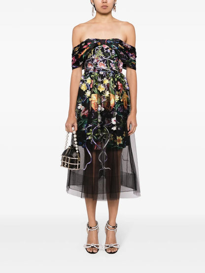 Ribbons Floral-Embroidered Midi Dress