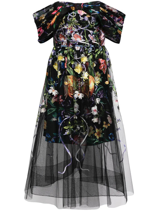 Ribbons Floral-Embroidered Midi Dress