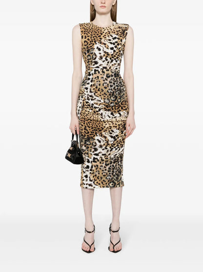 Jaguar-Print Gathered Midi Dress