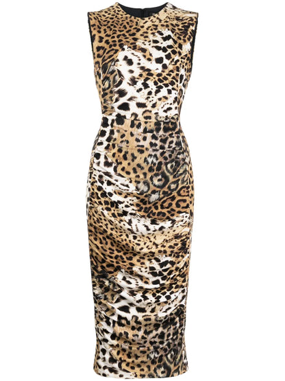 Jaguar-Print Gathered Midi Dress