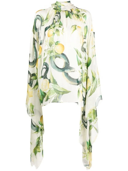 Lemon-Print Elongated-Sleeve Blouse