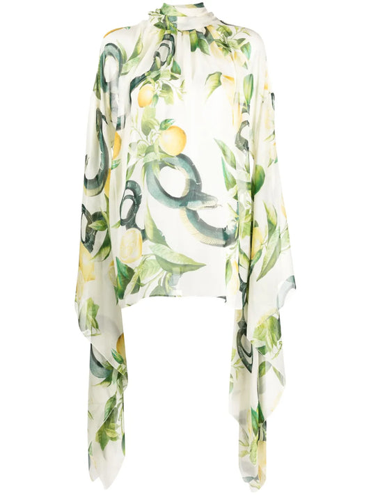 Lemon-Print Elongated-Sleeve Blouse