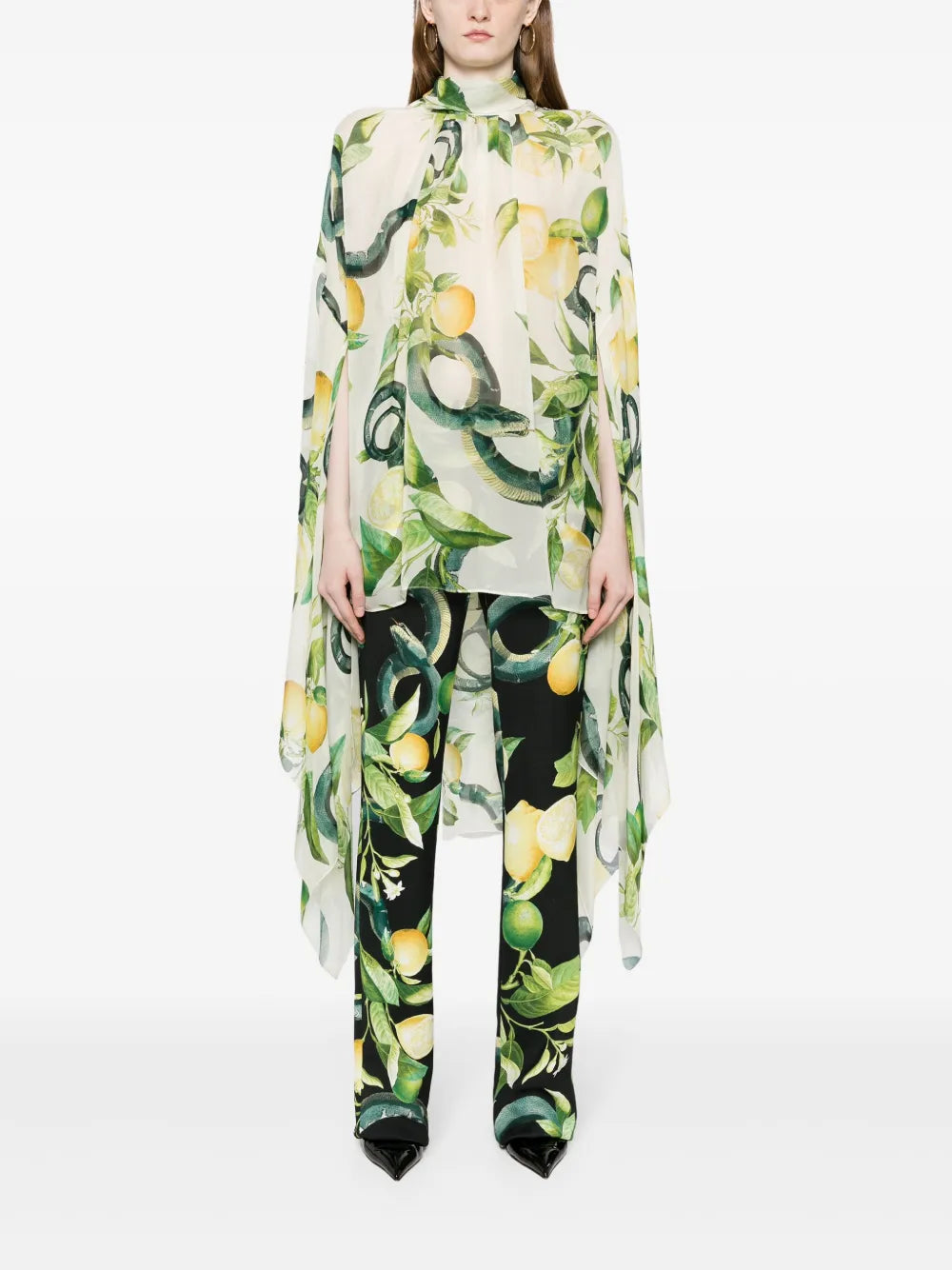 Lemon-Print Elongated-Sleeve Blouse