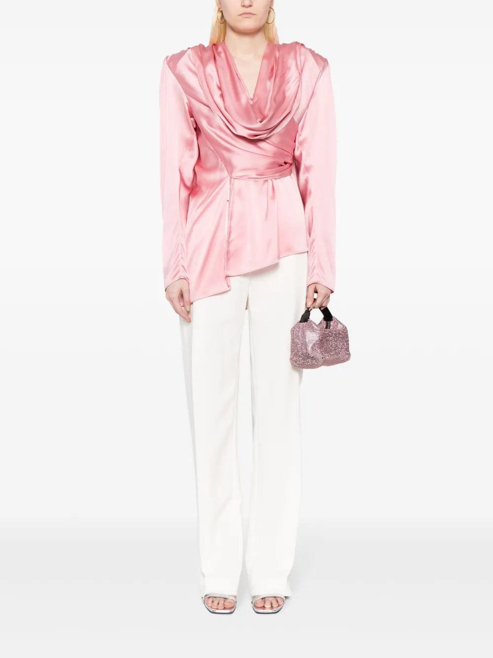 Long-Sleeve Draped Silk Blouse