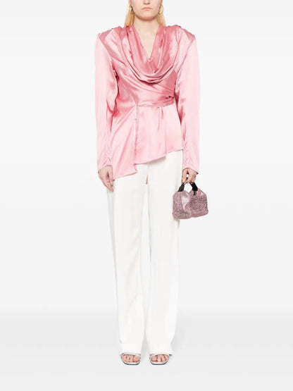 Long-Sleeve Draped Silk Blouse