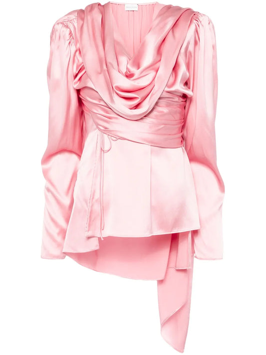 Long-Sleeve Draped Silk Blouse
