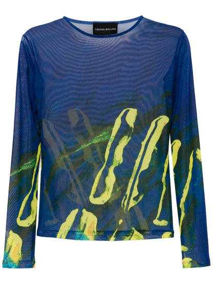Graphic-Print Sheer Mesh Top