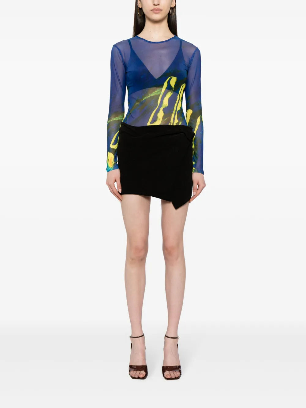 Graphic-Print Sheer Mesh Top