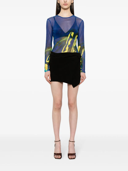 Graphic-Print Sheer Mesh Top