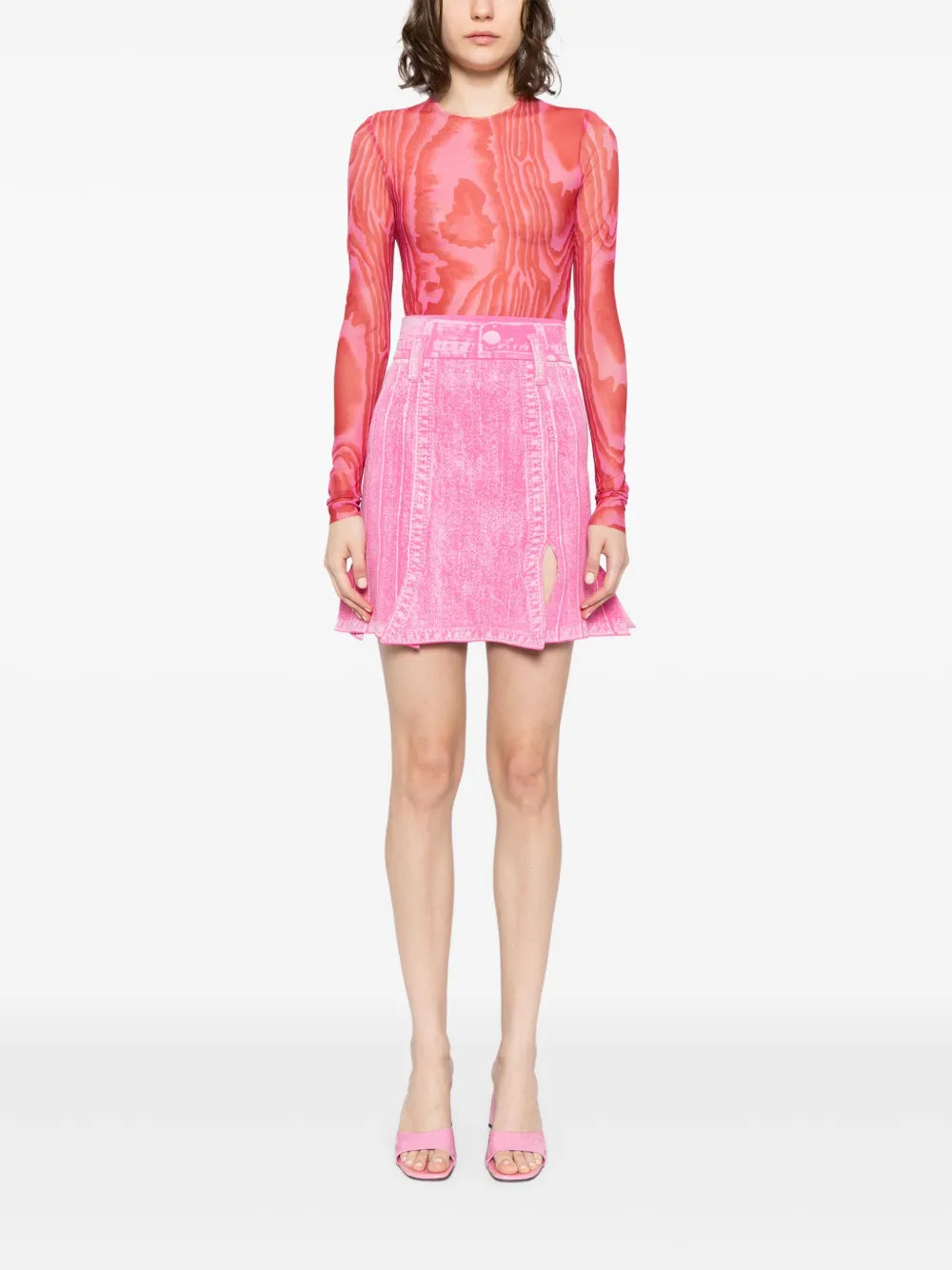 Denim-Print High-Rise Skirt