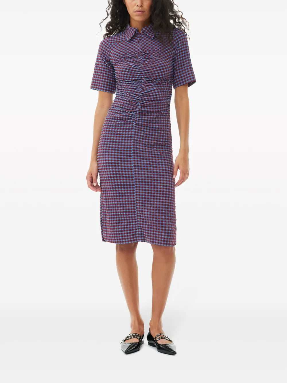 Gathered Checked Midi Dress