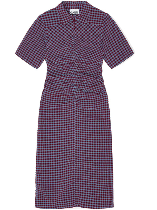Gathered Checked Midi Dress