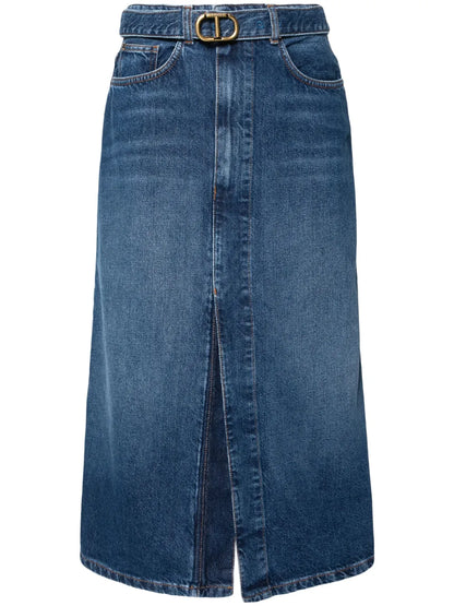 Belted Midi Denim Skirt