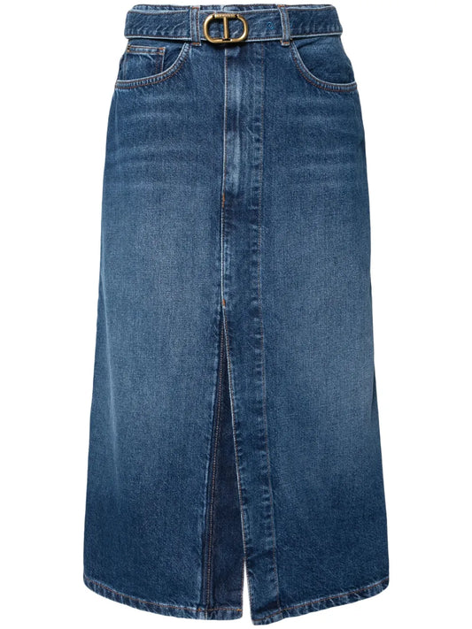 Belted Midi Denim Skirt