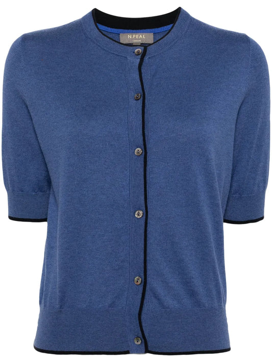 Contrast-Trim Button-Up Cardigan