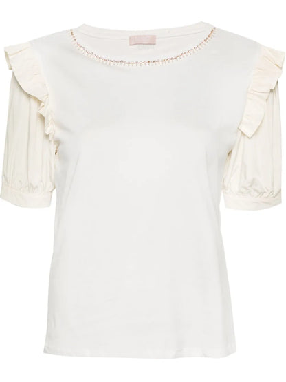 Rhinestone-Embellished Ruffled T-Shirt