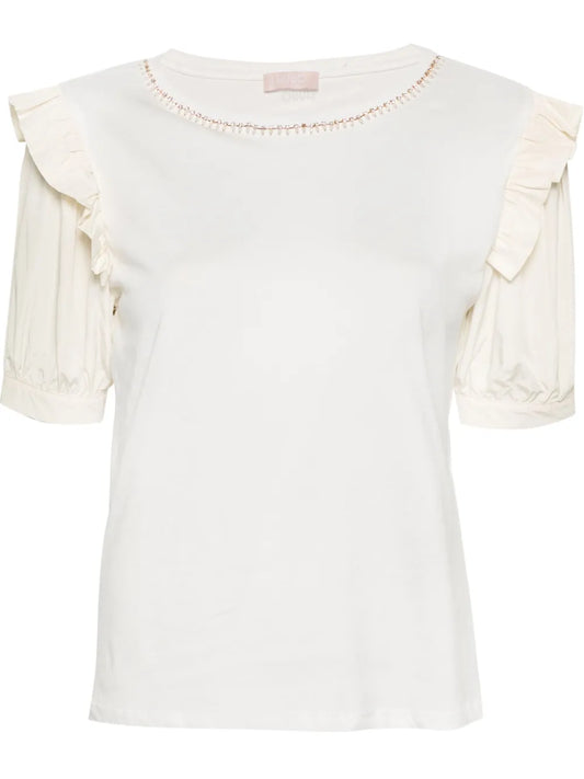 Rhinestone-Embellished Ruffled T-Shirt