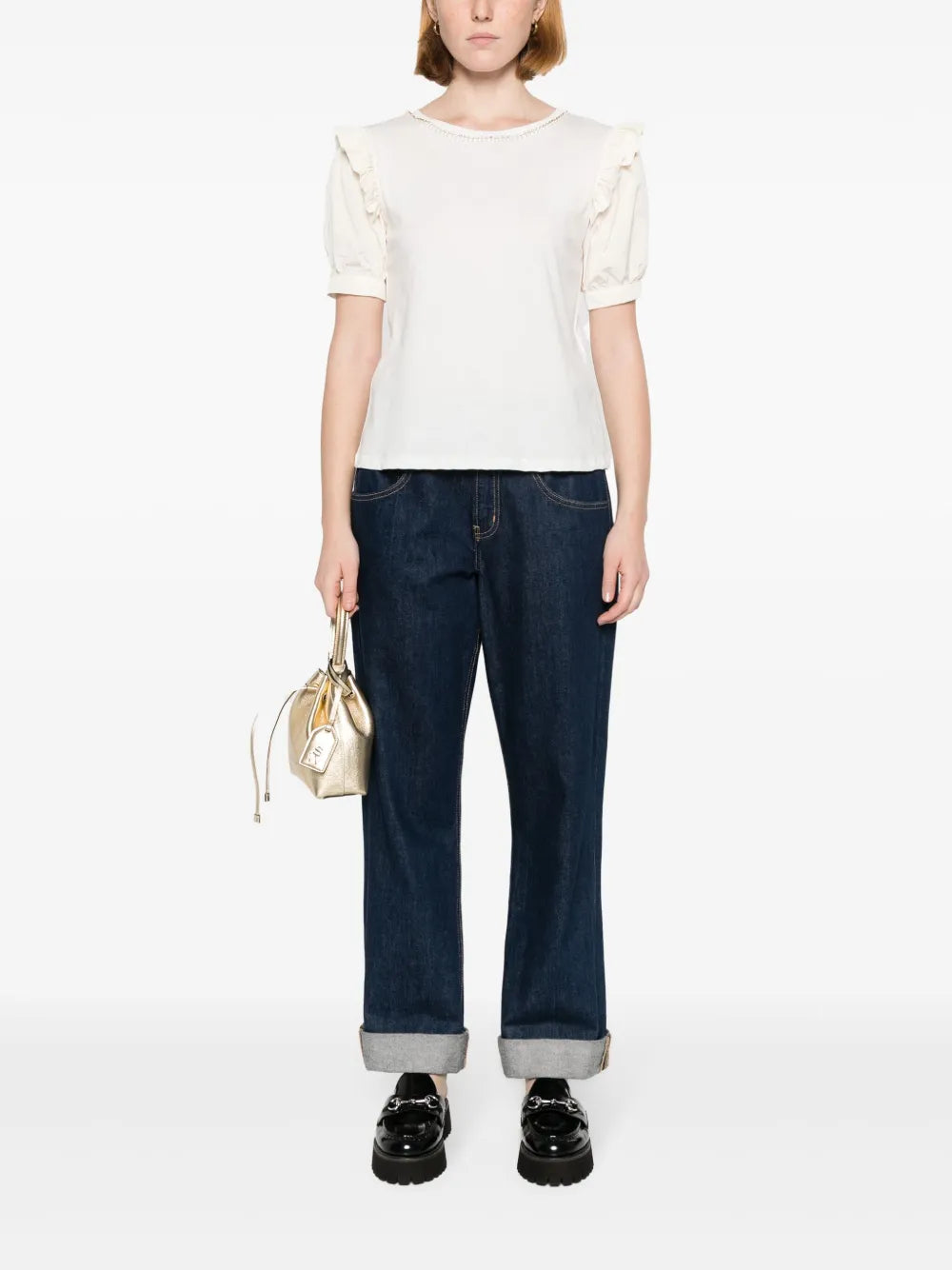 Rhinestone-Embellished Ruffled T-Shirt
