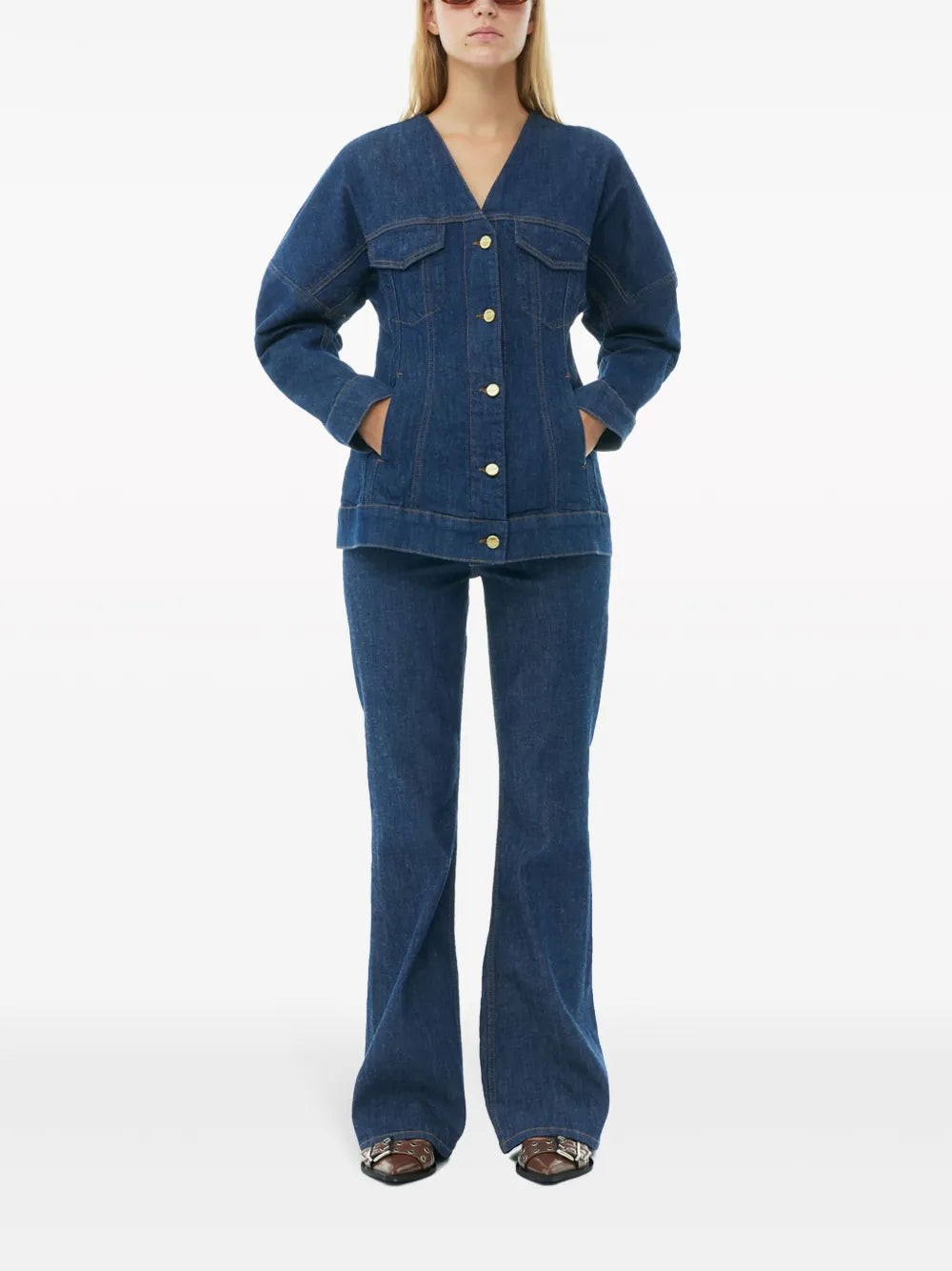 Rose-Embroidered Denim Blazer