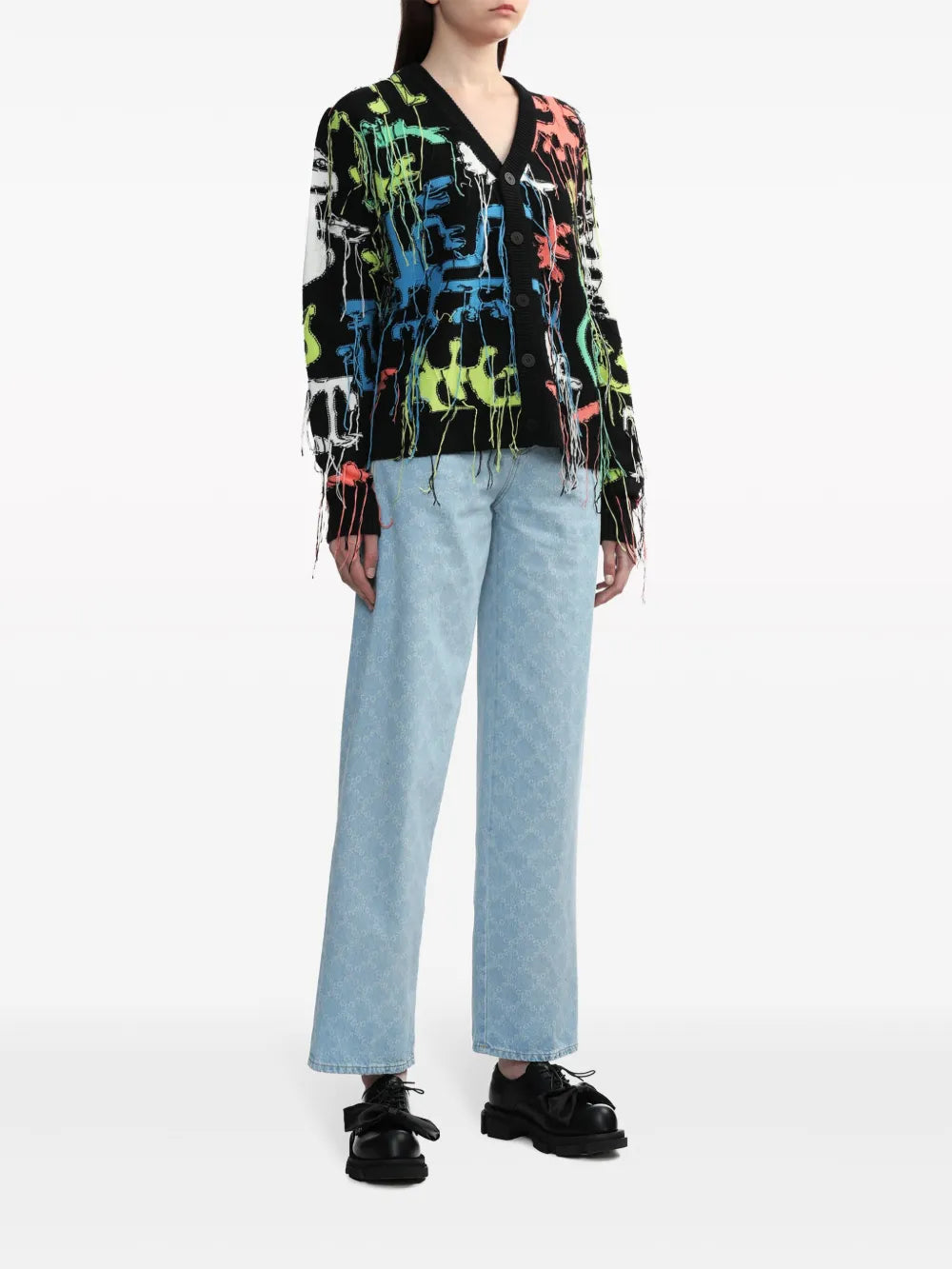 Distressed Graphic-Print Cardigan
