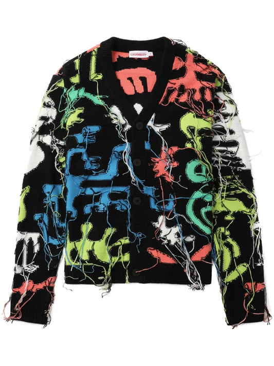 Distressed Graphic-Print Cardigan